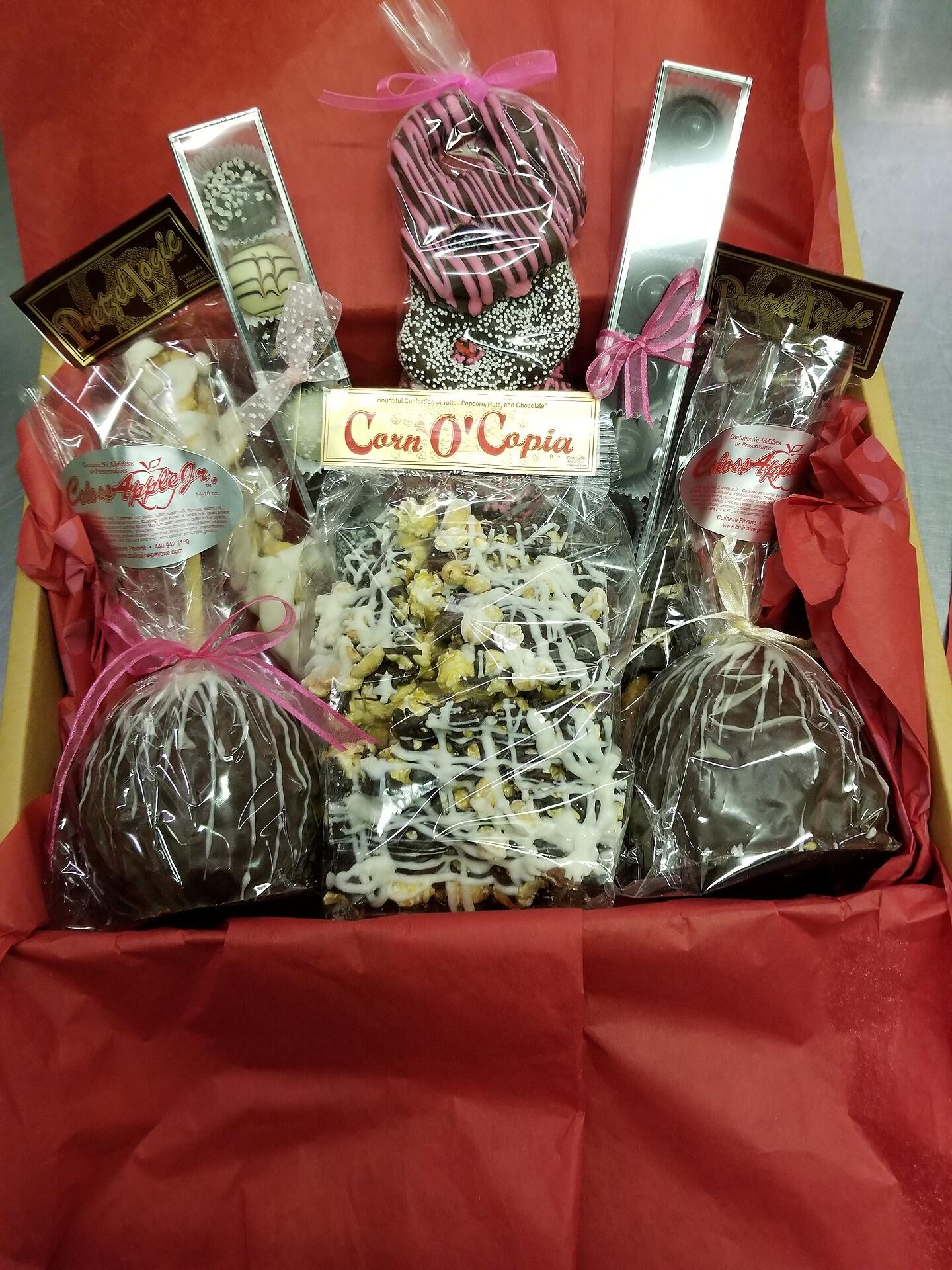 Handmade and wrapped gift basket of delicious chocolate treats for someone special